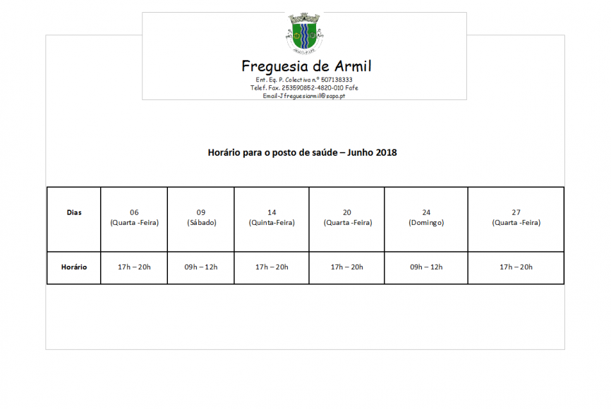 Horário para o posto de saúde - Junho 2018
